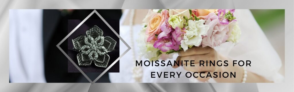 Radiant silver flower moissanite ring